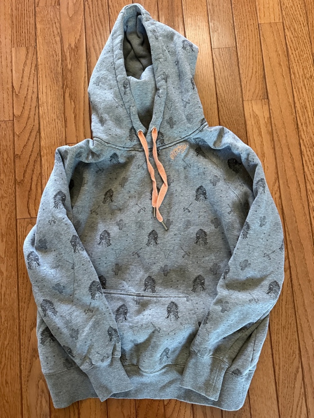 Hooey Heather Gray Printed Hoodie with Peach drawstrings adorable print.